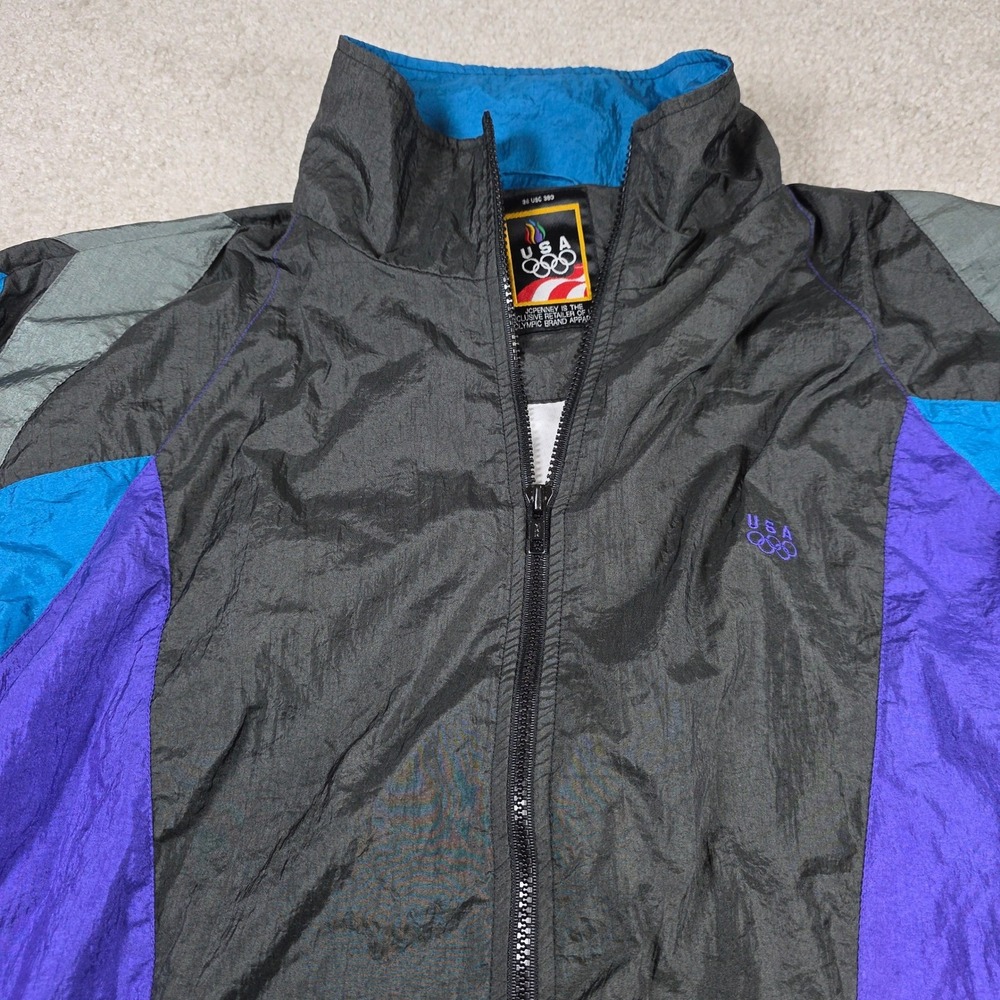 USA Olympics Track Jacket Mens Large Black Colorblock Windbreaker Nylon 90s